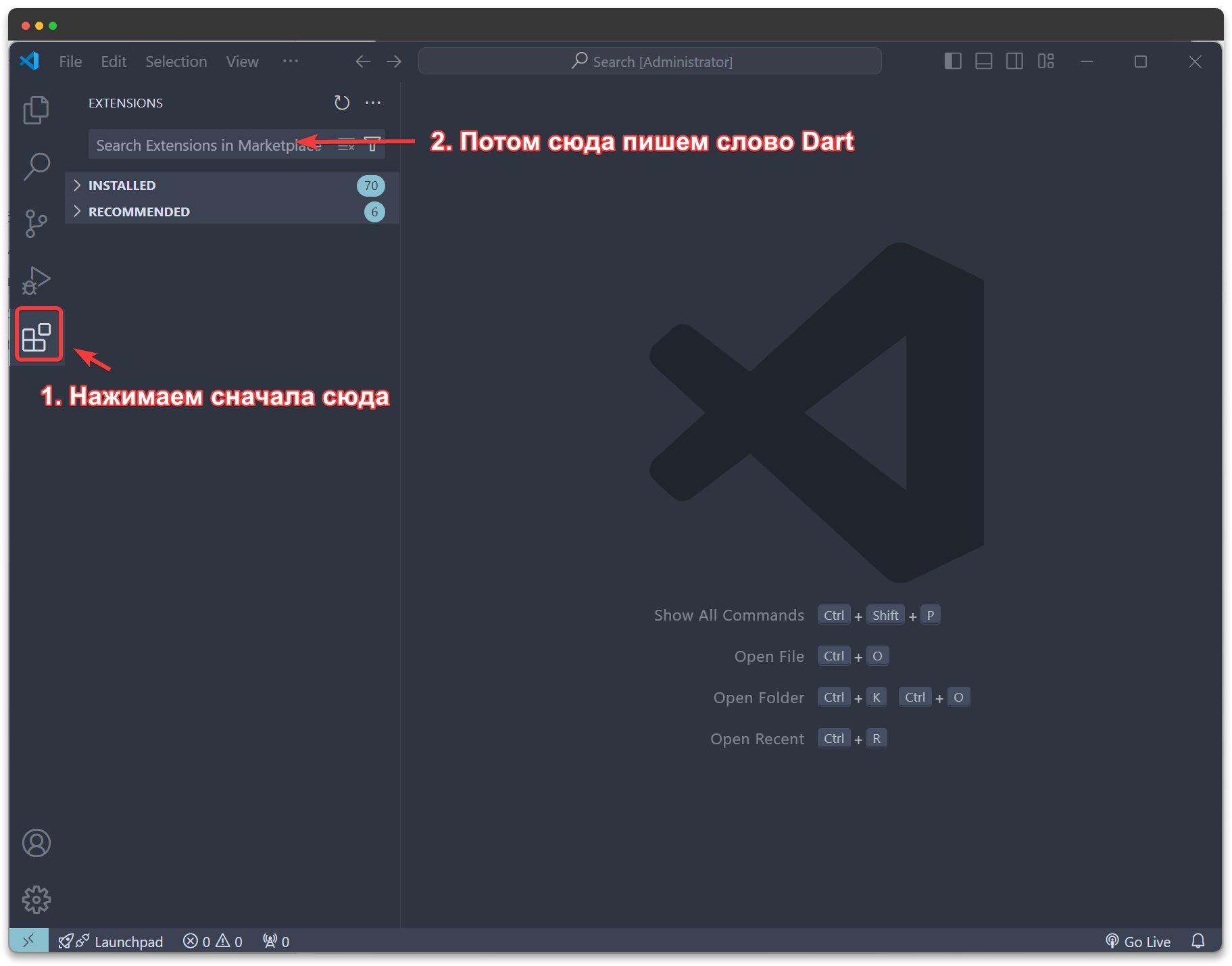 Вкладка расширений в VSCode