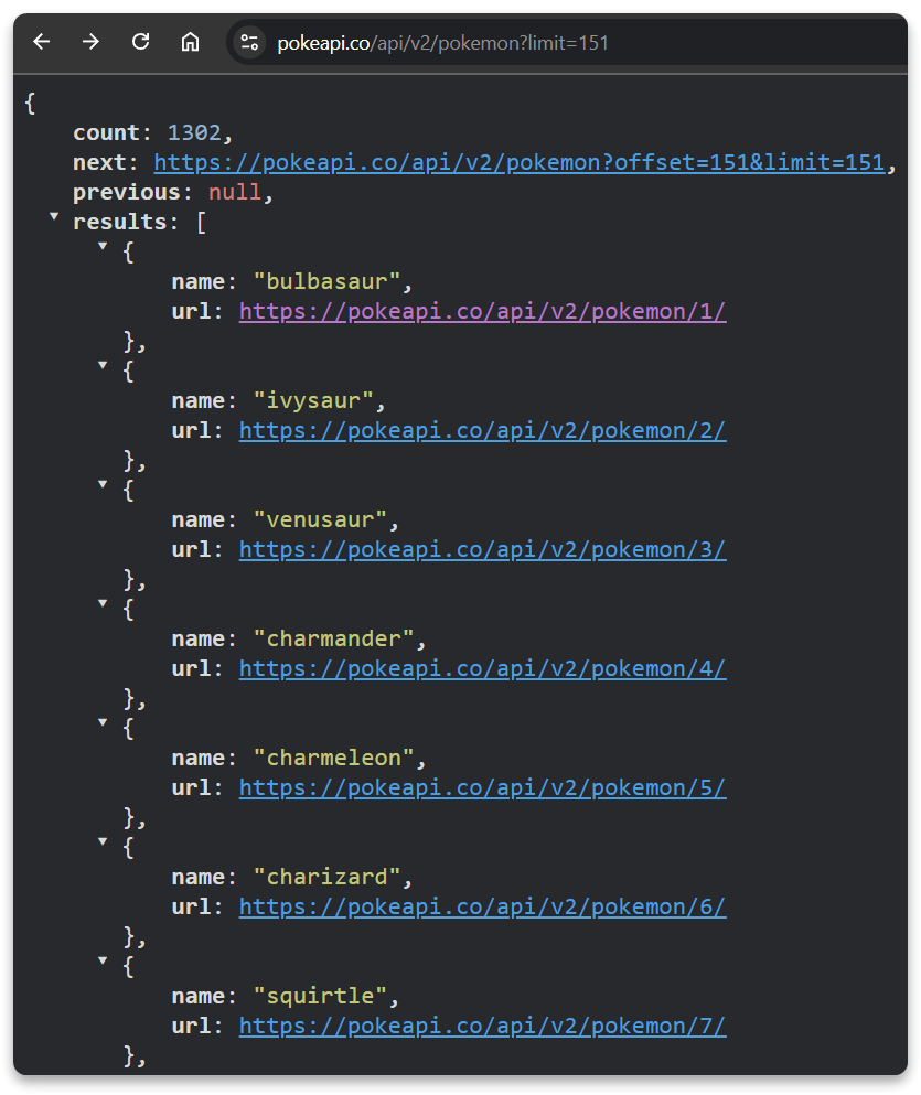 Pokemon List API Response